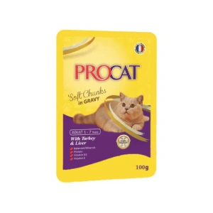 Procat Wet Food Chunks with Turkey & Liver in Gravy for Adult Cats (1-7 Years) 100gr
