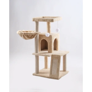 Catry Beige & Brown Cat Tree & Scratcher House with Hanging Toys (103x35x35cm)