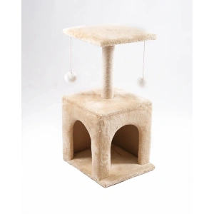 Brown & Beige Cat Tree & Scratching House with Hanging Toys (90x30x30cm)